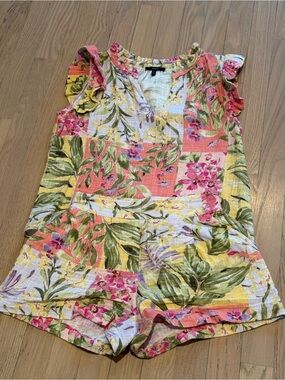 DREW Floral Patchwork Linen-Blend Shorts and blouse set in Coral, Yellow & Green